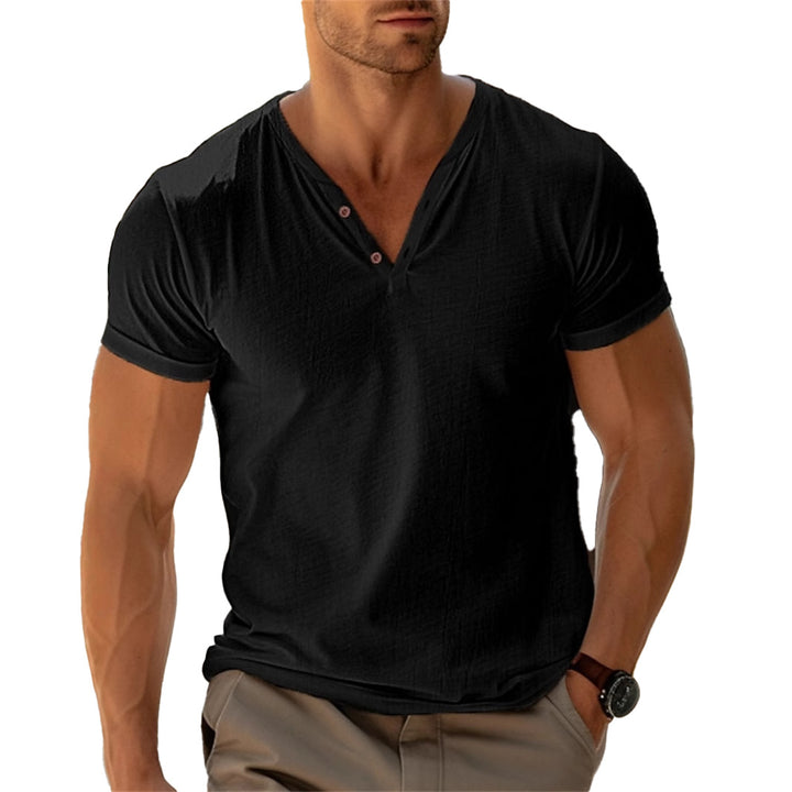Men's fitted Henley T-shirt with V-neck, short button placket and roll-up sleeves Mune Fashion