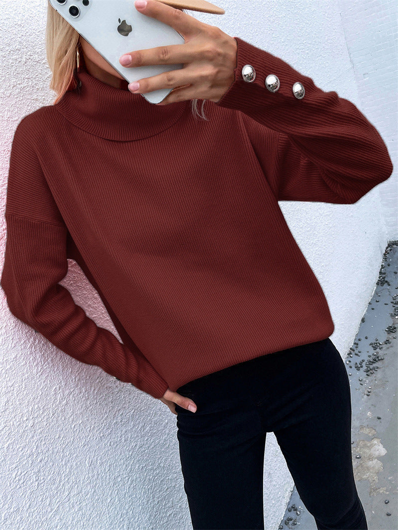 Women's Ribbed Turtleneck Sweater with Oversize Cut and Decorative Button Cuffs Mune Fashion