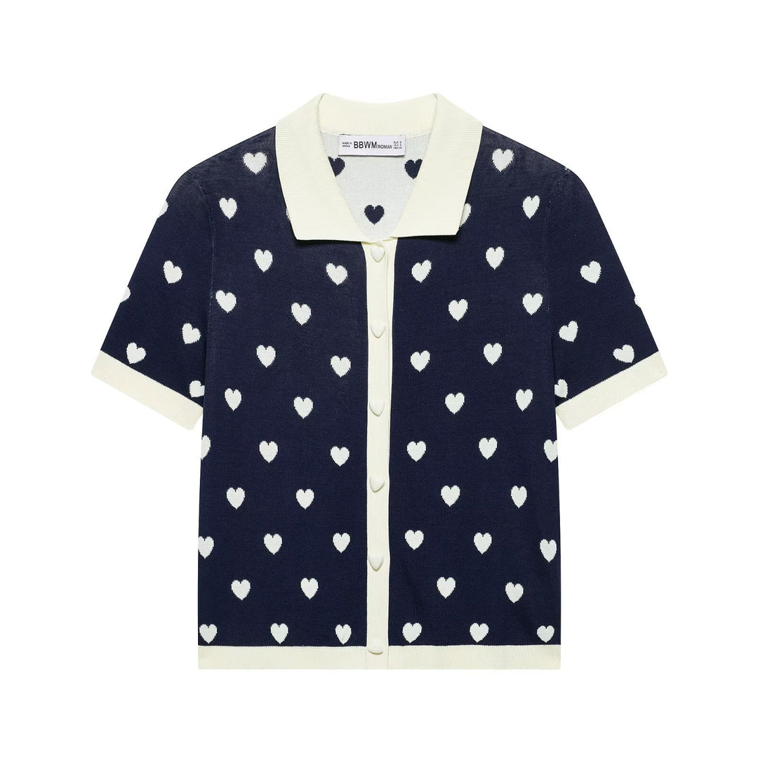 Women Short Sleeve Knitted Cardigan with Polo Collar and Heart Jacquard Mune Fashion