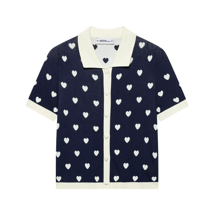 Women Short Sleeve Knitted Cardigan with Polo Collar and Heart Jacquard Mune Fashion