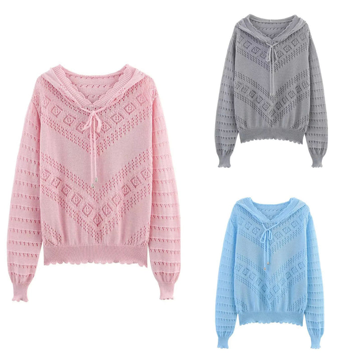 Women's hooded knitted pullover with openwork pattern, drawstring, and balloon sleeves Mune Fashion