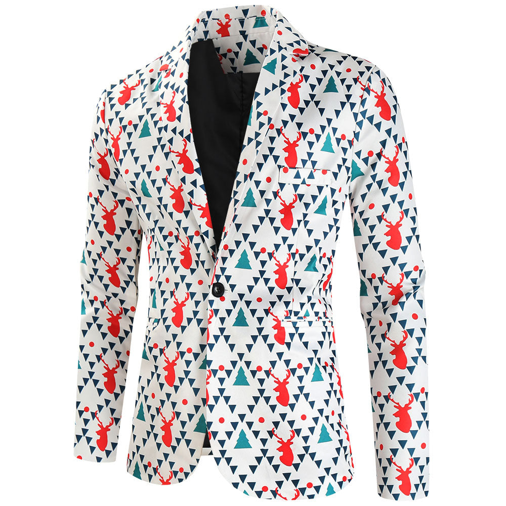 Men's Christmas three-piece suit set with jacket, vest, and trousers in all-over reindeer-tree pattern Mune Fashion