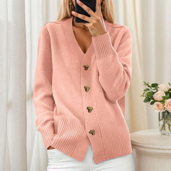 Women's loose knit cardigan with heart buttons and ribbed hem Mune Fashion