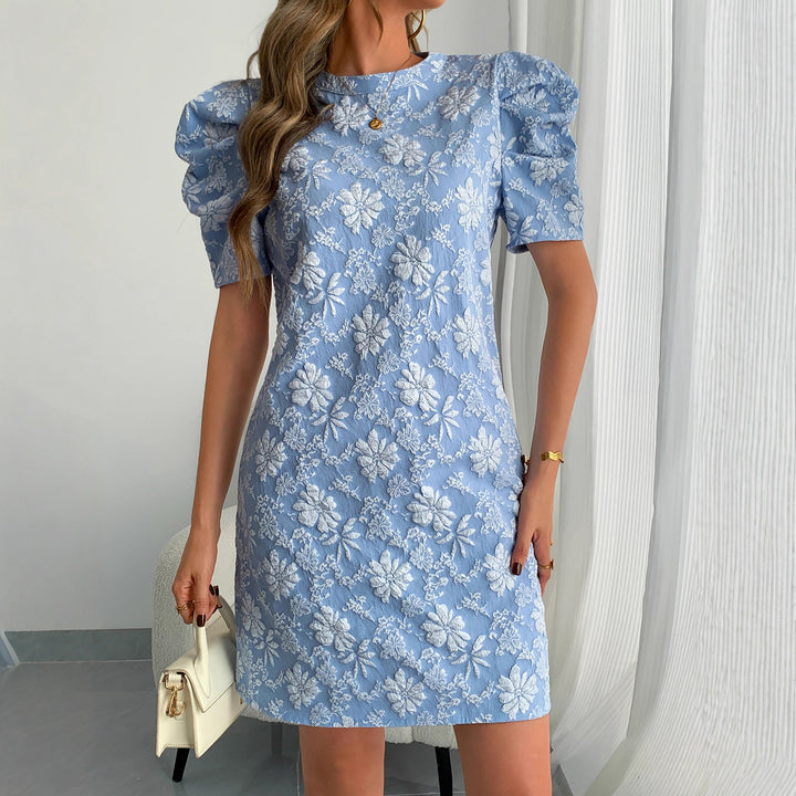 Women's floral jacquard mini dress with layered puff sleeves Mune Fashion