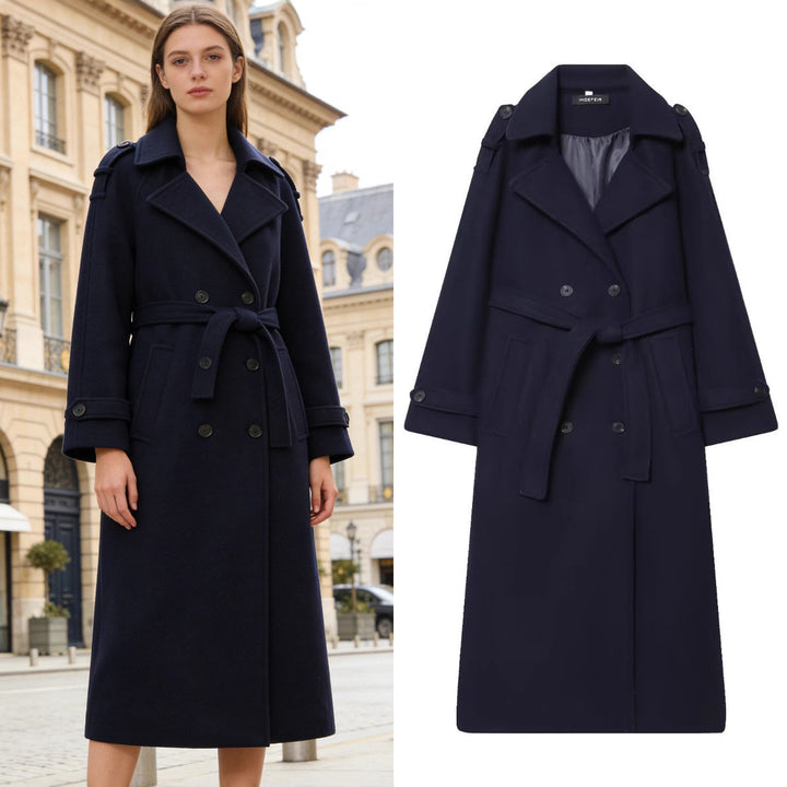 Women's Long Double-Breasted Wool Coat with Waist Belt and Epaulettes Mune Fashion