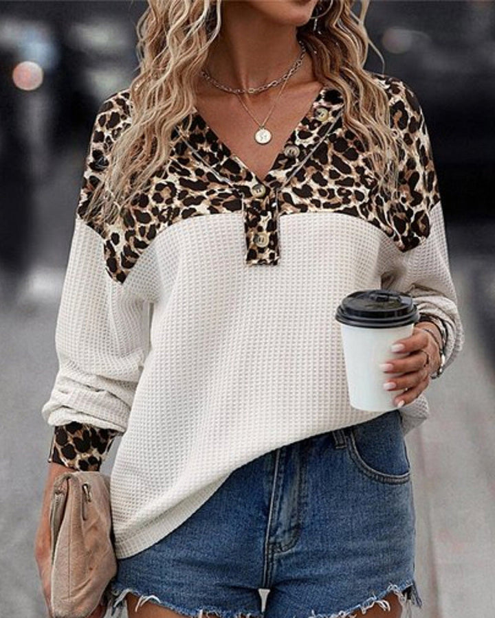 Women's loose waffle knit long sleeve shirt with leopard print yoke and Henley button placket Mune Fashion