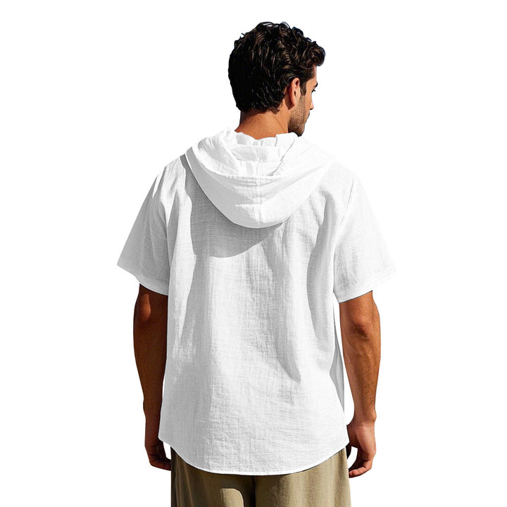 Men's short-sleeve hooded shirt with natural fiber texture, button-up front, and drawstring Mune Fashion