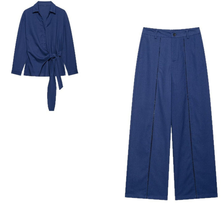 Women's Two-Piece Ensemble with Wrap Blouse with Waist Tie and Wide-Cut Linen Pants with Decorative Stripes Mune Fashion