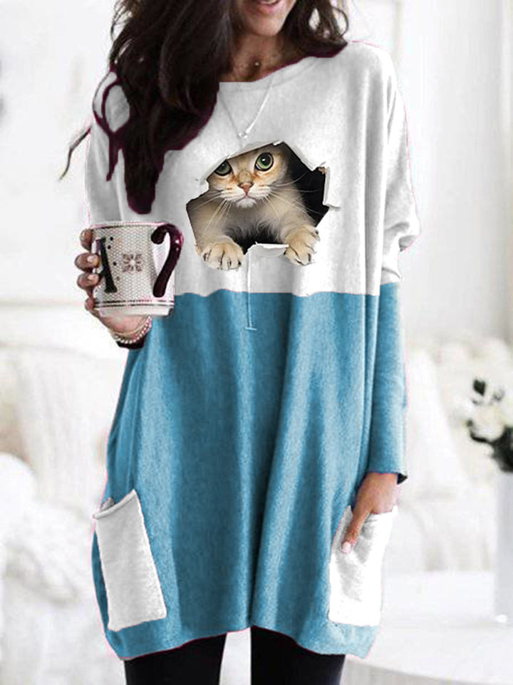 Women Longer Colorblock Knit Sweater with Cat Motif and Patch Pockets Mune Fashion