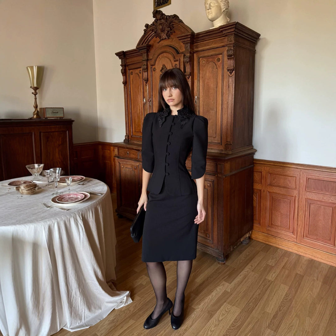Women Tailored Blazer with Embroidered Shawl Collar and Puff Sleeves Mune Fashion