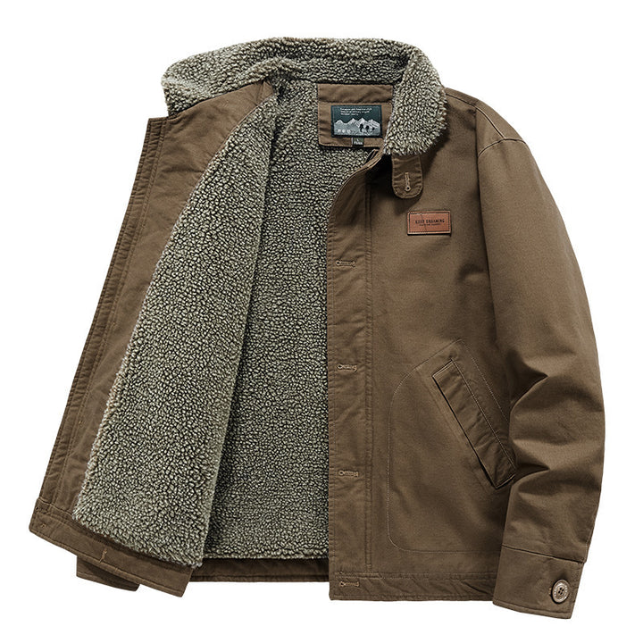 Men's Canvas Jacket with Full Sherpa Lining and Shirt Collar Mune Fashion