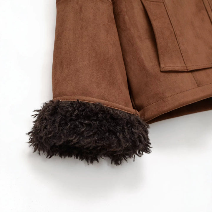 Women's short jacket in lambskin look with voluminous shawl collar Mune Fashion