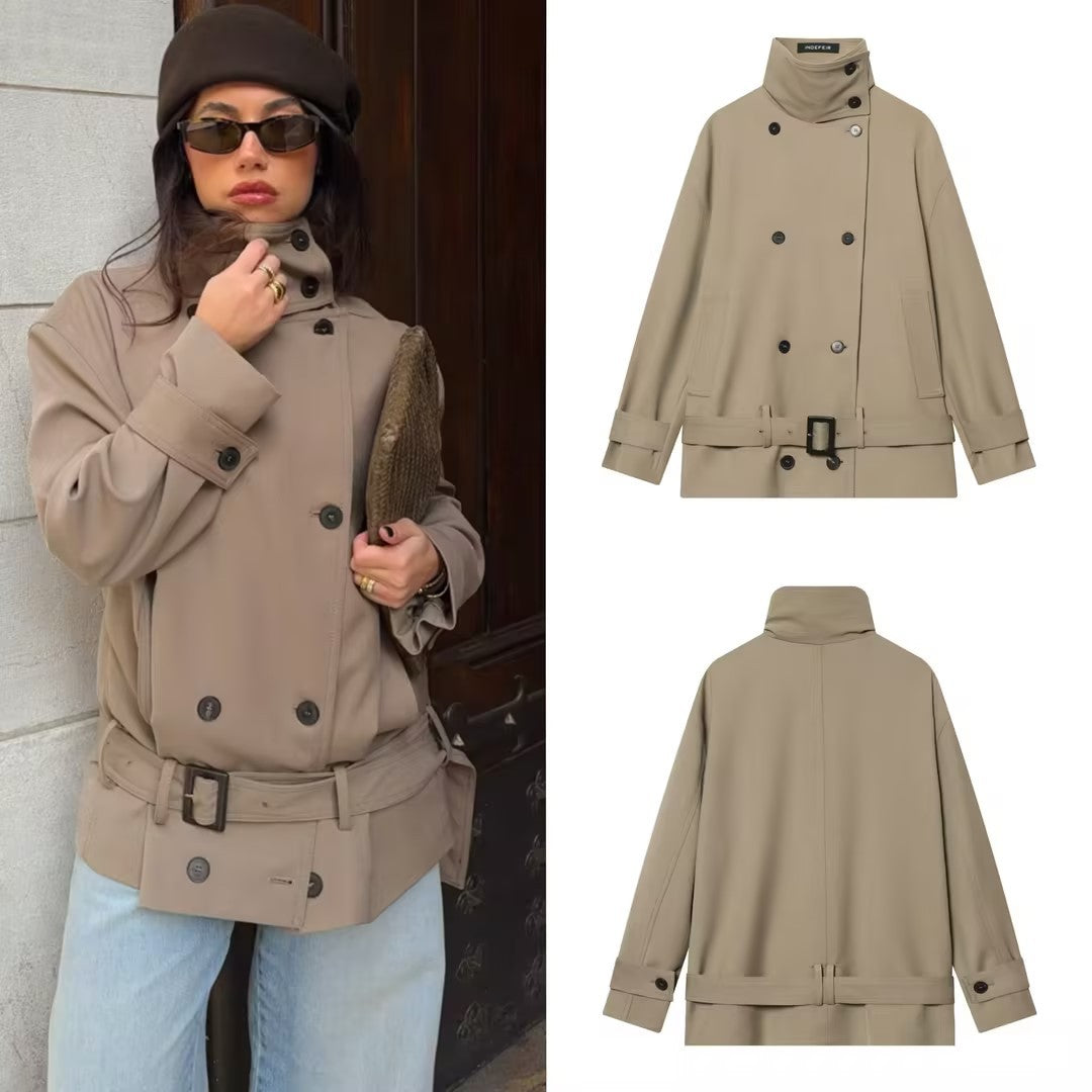 Women's short trench coat with double-breasted button placket, waist belt, and high standing collar Mune Fashion