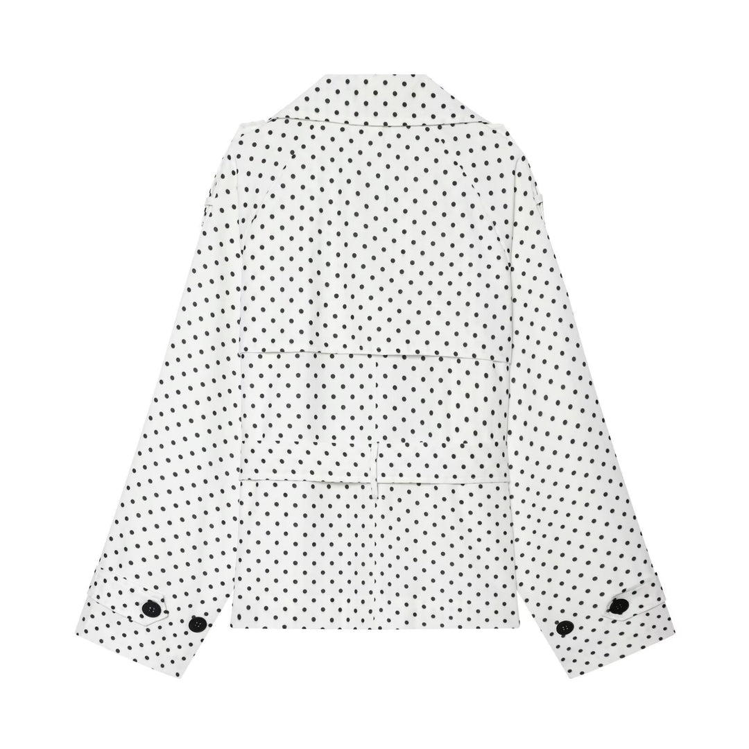 Women Polka Dot Cropped Trench Coat with Waist Belt and Double Breasted Button Placket Mune Fashion