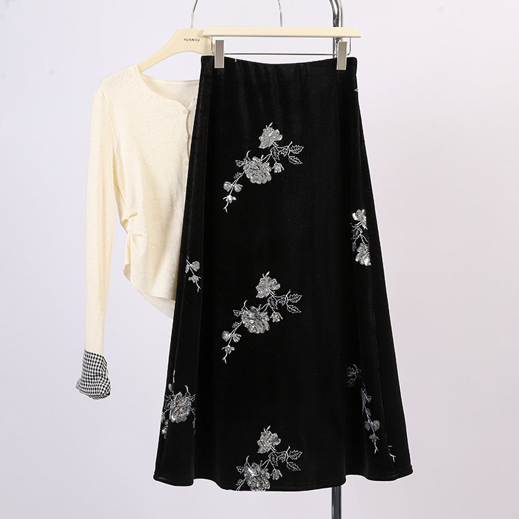 Women's embroidered velvet midi skirt with flared A-line and elasticated comfort waistband Mune Fashion