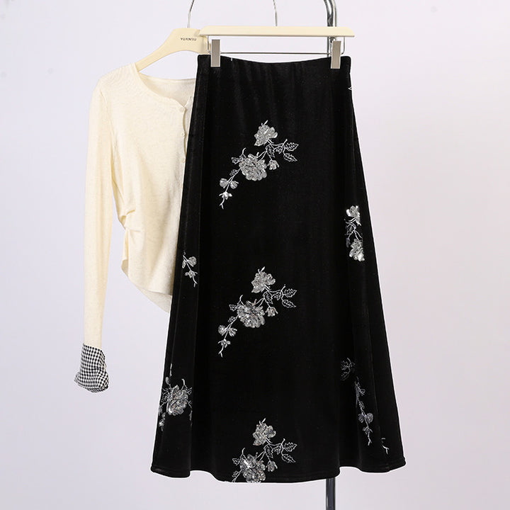 Women's embroidered velvet midi skirt with flared A-line and elasticated comfort waistband Mune Fashion