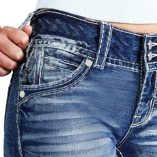 Women's high-waisted bootcut jeans with shaping waistband and visible button placket Mune Fashion