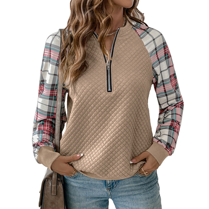Women's Quilted Raglan Sweatshirt with Half Zipper and Checkered Sleeves Mune Fashion