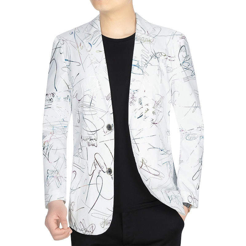 Men's Single-Breasted Casual Blazer with Artistic Scribble Print and Lightweight Lining Mune Fashion