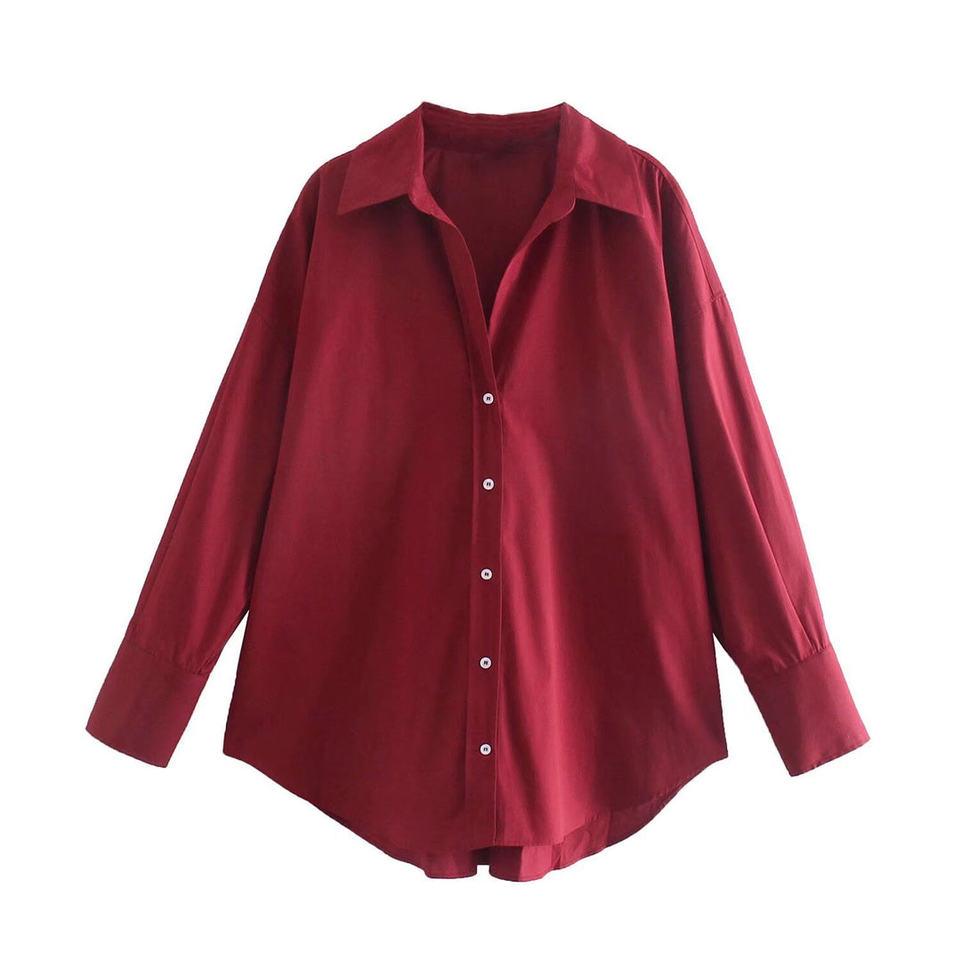 Women's oversized long blouse with Kent collar, continuous button placket and rounded hem Mune Fashion