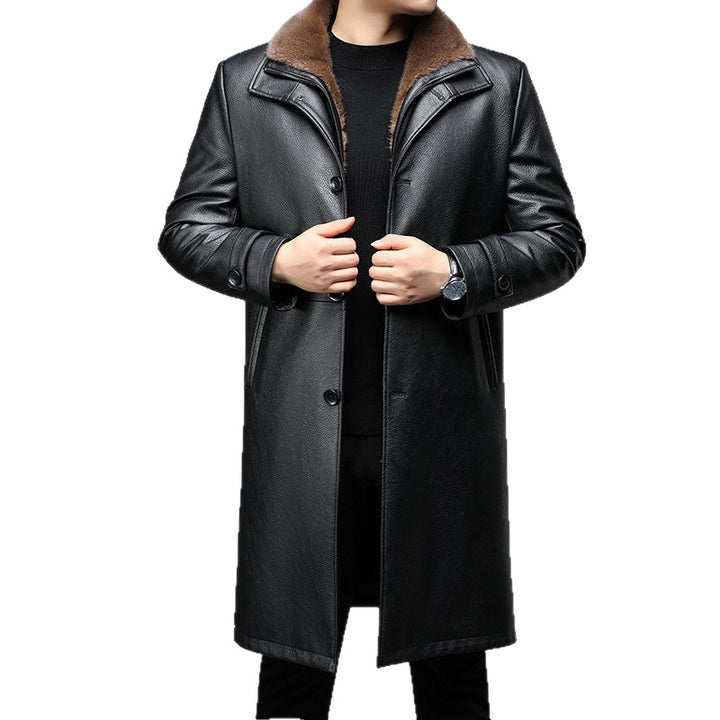 Men's Long Leather Coat with Removable Fur Collar and Thermal Lining Mune Fashion