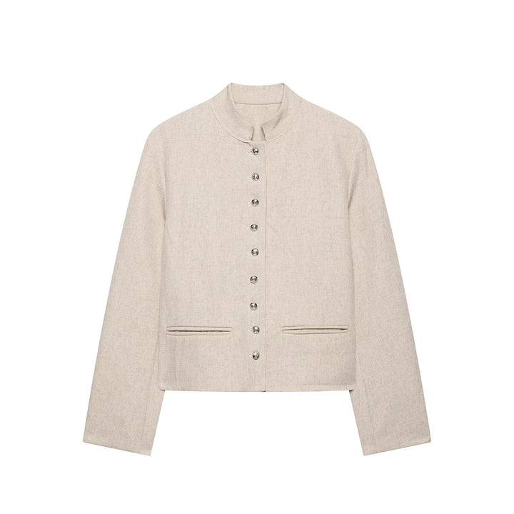 Ladies short jacket with stand-up collar, decorative button placket and piped pockets Mune Fashion