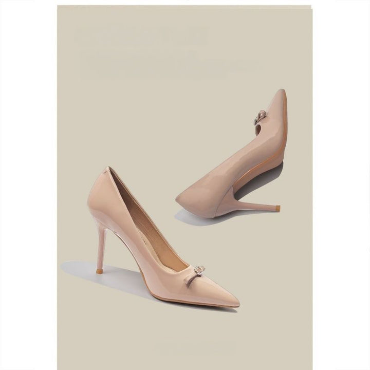 Women's pointed toe patent pumps with high stiletto heel and crystal bow appliqué Mune Fashion