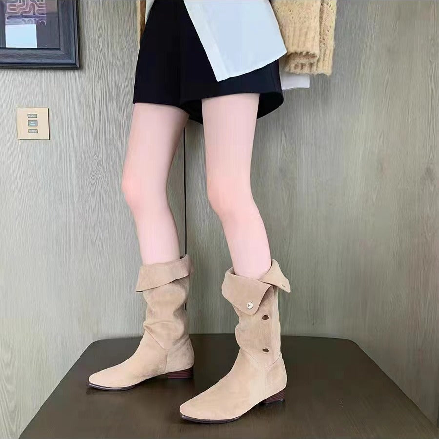 Women knee-high suede boots with foldable cuff and pointed toe Mune Fashion