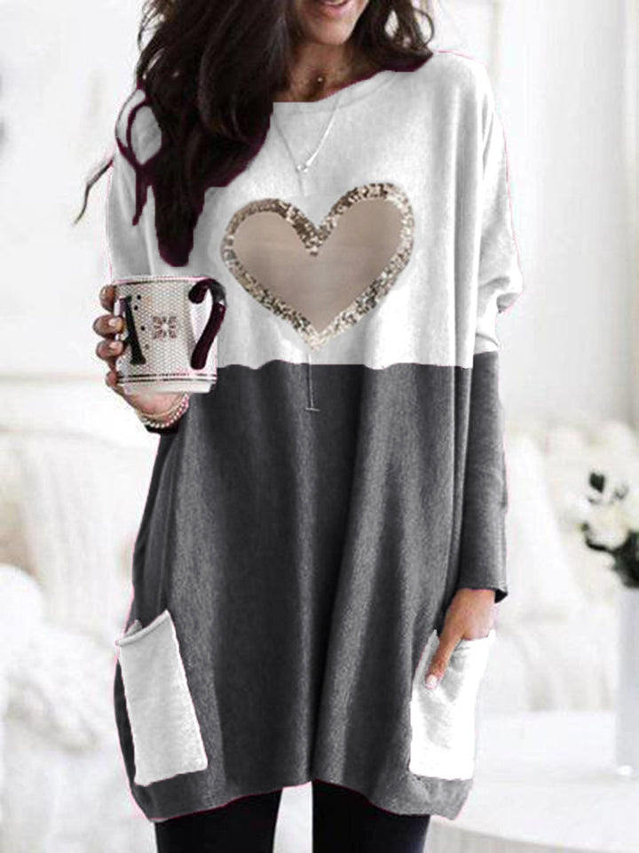 Women's Oversized Long Sweater Tunic with Sequin Heart and Patch Pockets Mune Fashion