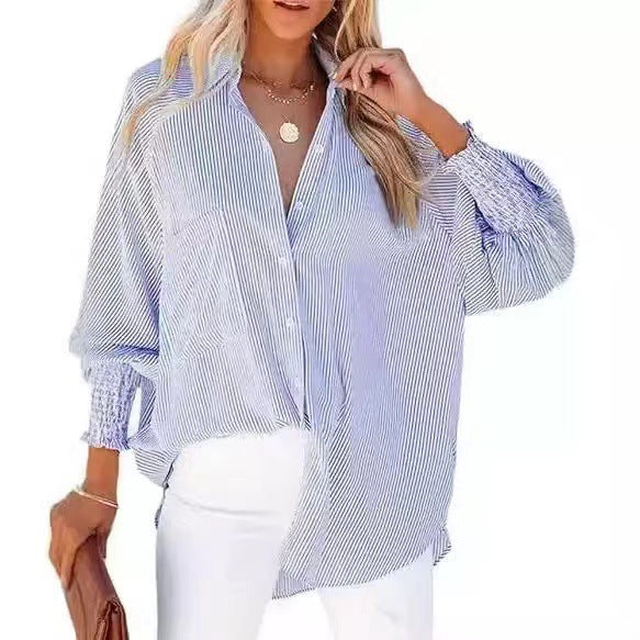 Women's oversized striped linen-look blouse with shirred cuffs