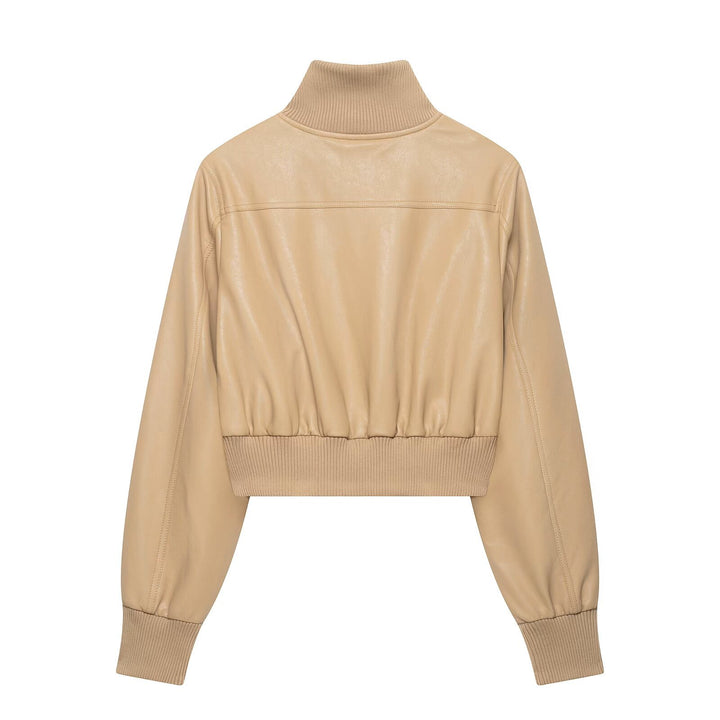 Women's short-cut leather blouson with high ribbed collar Mune Fashion
