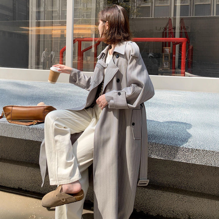 Women Elegant Maxi Long Pinstripe Trench with Shoulder Pads and Gathered Sleeves Mune Fashion