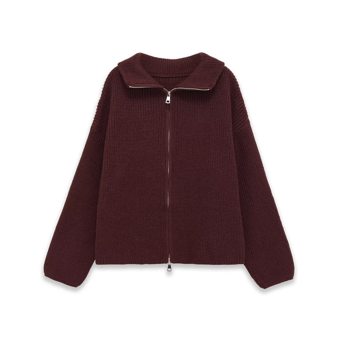 Women's Chunky Knit Zip Cardigan with Stand-up Collar and Oversized Silhouette Mune Fashion