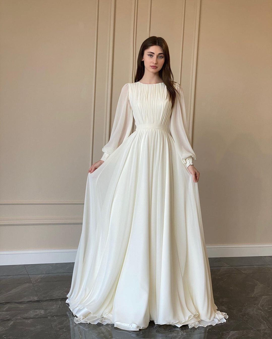 Mune Fashion | Transparent White Wedding Dress Round Neck Long Sleeve Dress