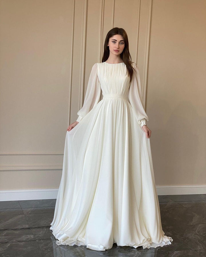 Mune Fashion | Transparent White Wedding Dress Round Neck Long Sleeve Dress