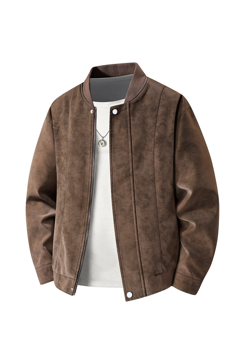 Men's Suede Optic Bomber Jacket with Vertical Quilt Seams and Ribbed Collar Mune Fashion