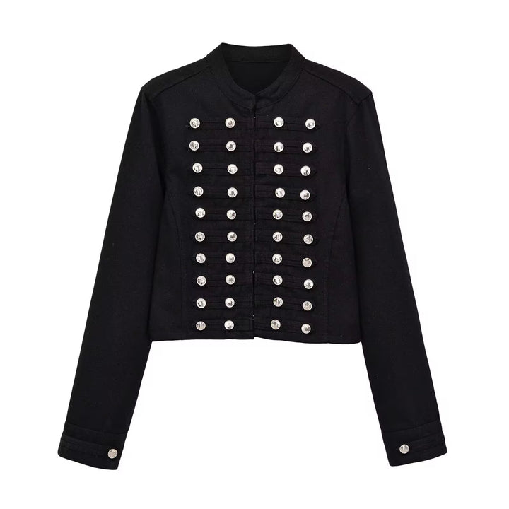 Women's military-style jeans jacket with stand-up collar and decorative button plackets Mune Fashion