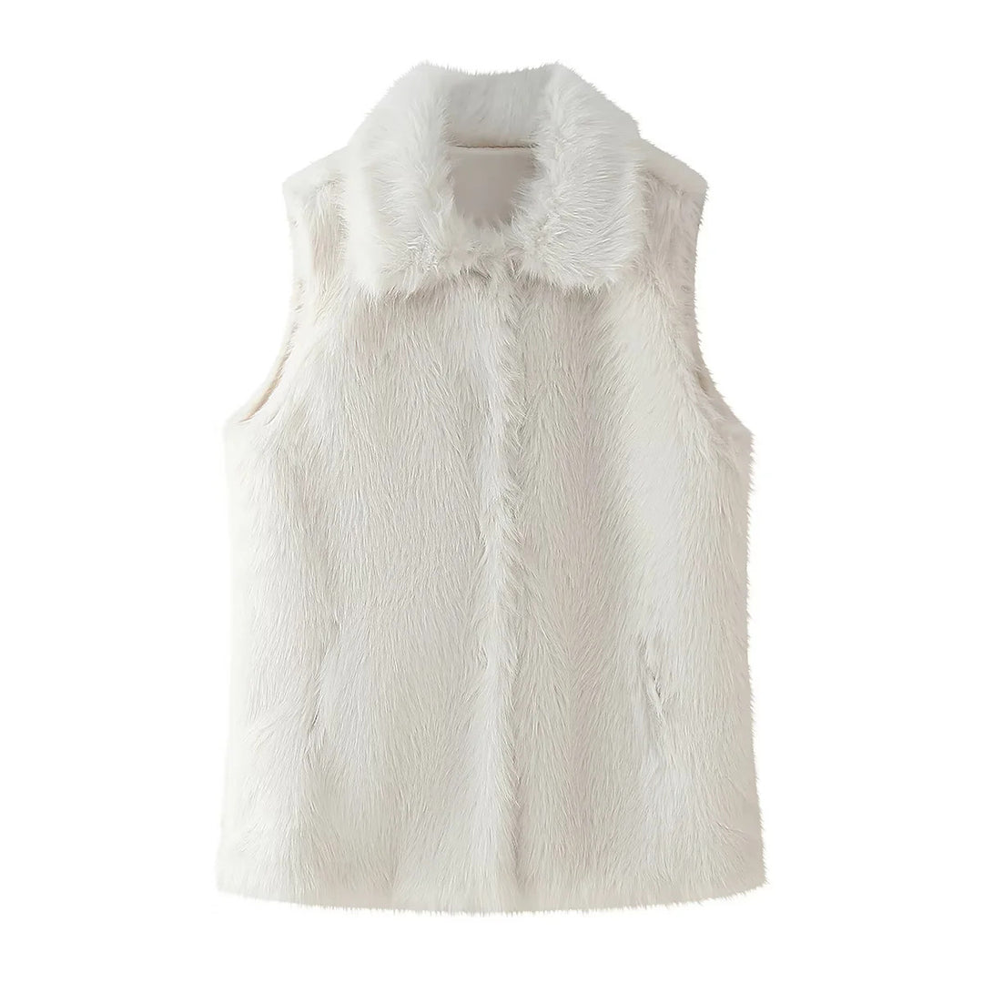 Women’s sleeveless faux fur vest with wide shawl collar, concealed snap button placket and warming lining Mune Fashion