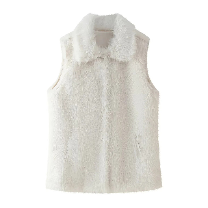 Women’s sleeveless faux fur vest with wide shawl collar, concealed snap button placket and warming lining Mune Fashion