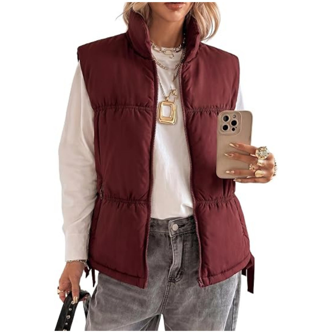 Women’s Padded Sleeveless Vest with Stand-Up Collar and Drawstring Mune Fashion