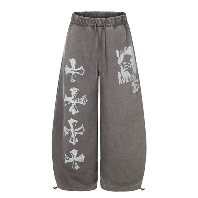 Women's Extra Wide Palazzo Sweatpants with Drawstring Waist, Adjustable Hem, and Gothic Print Mune Fashion