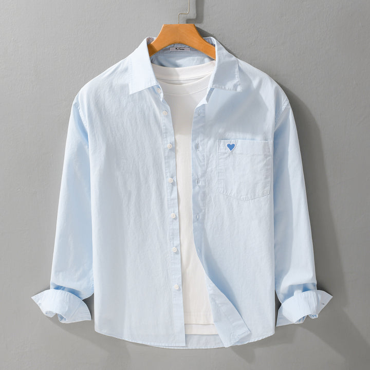 Men's Lightweight Cotton Overshirt with Chest Pocket and Subtle Heart Embroidery Mune Fashion