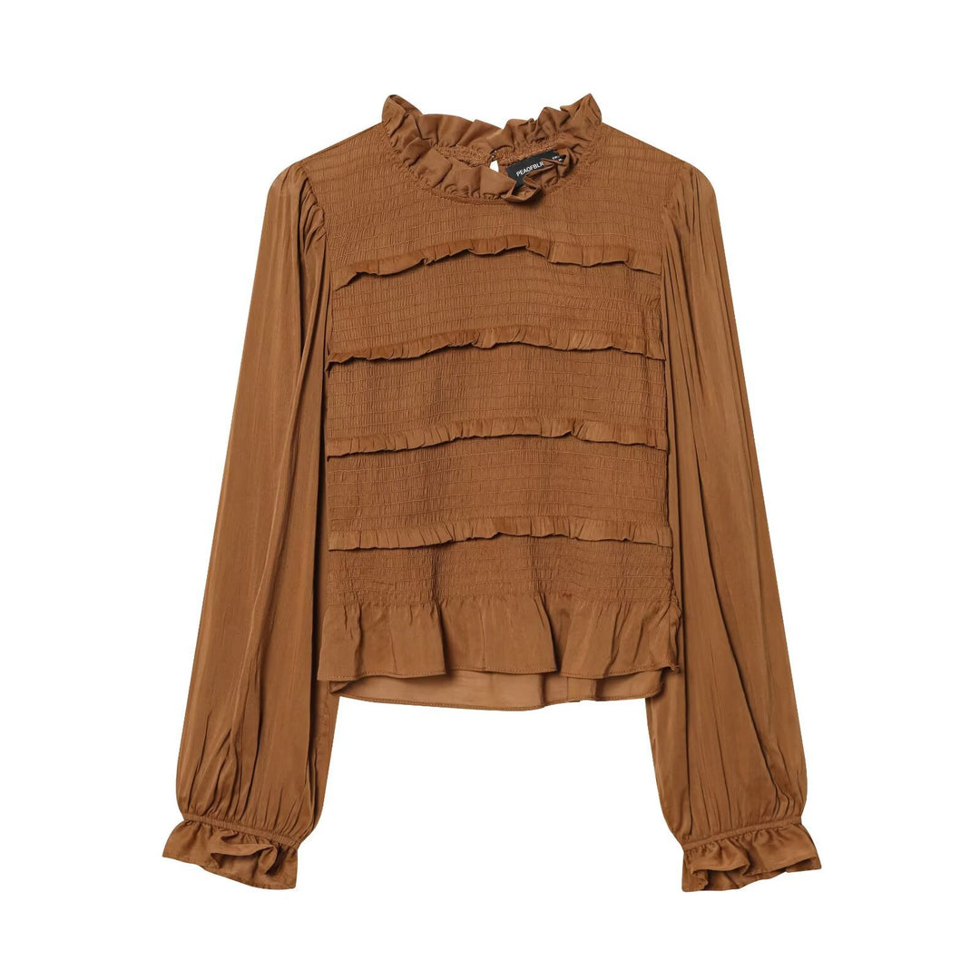 Women's Ruffled Blouse with Smocked Tiers, Stand-up Collar and Wide Balloon Sleeves Mune Fashion