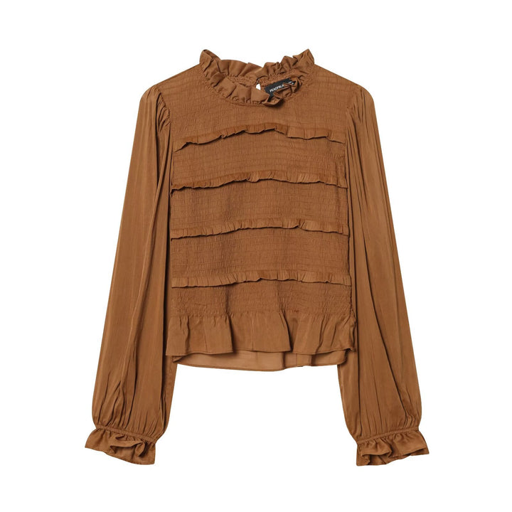 Women's Ruffled Blouse with Smocked Tiers, Stand-up Collar and Wide Balloon Sleeves Mune Fashion