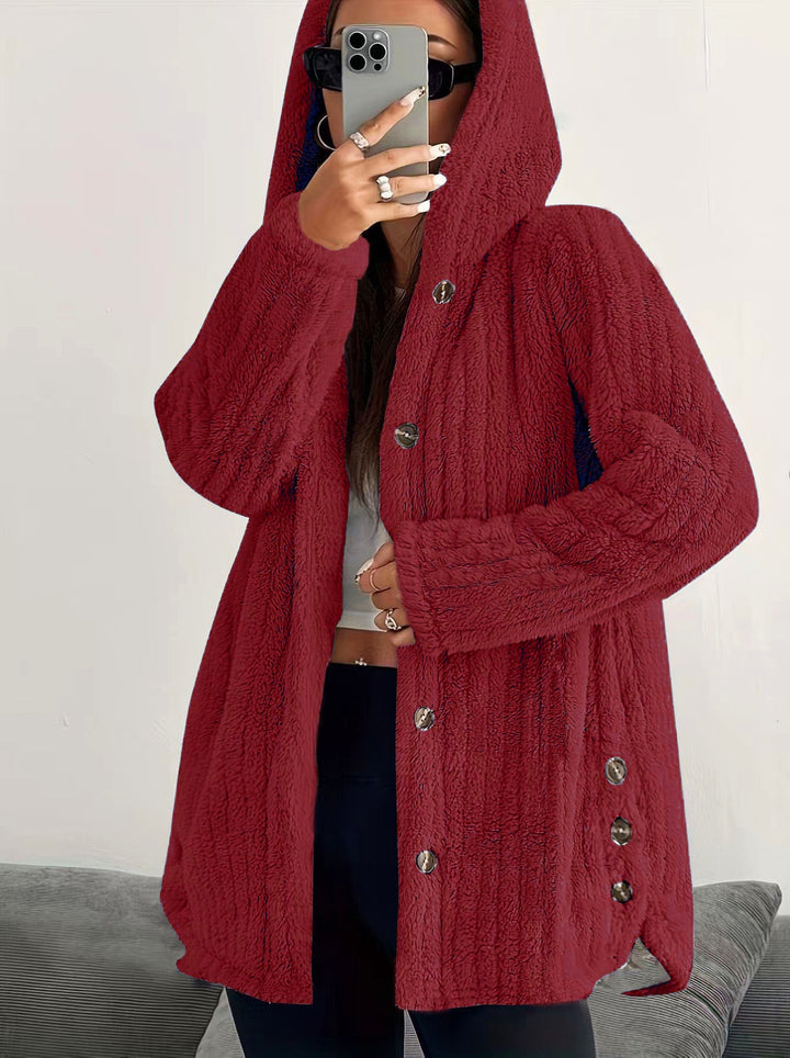 Women's Hooded Teddy Coat with Button Placket and Oversized Fit Mune Fashion