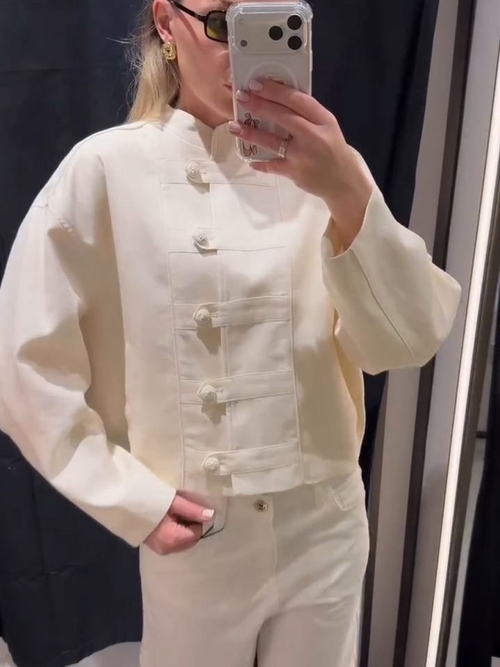 Women's Short Boxy Jacket with Mandarin Collar and Decorative Knot Button Placket Mune Fashion