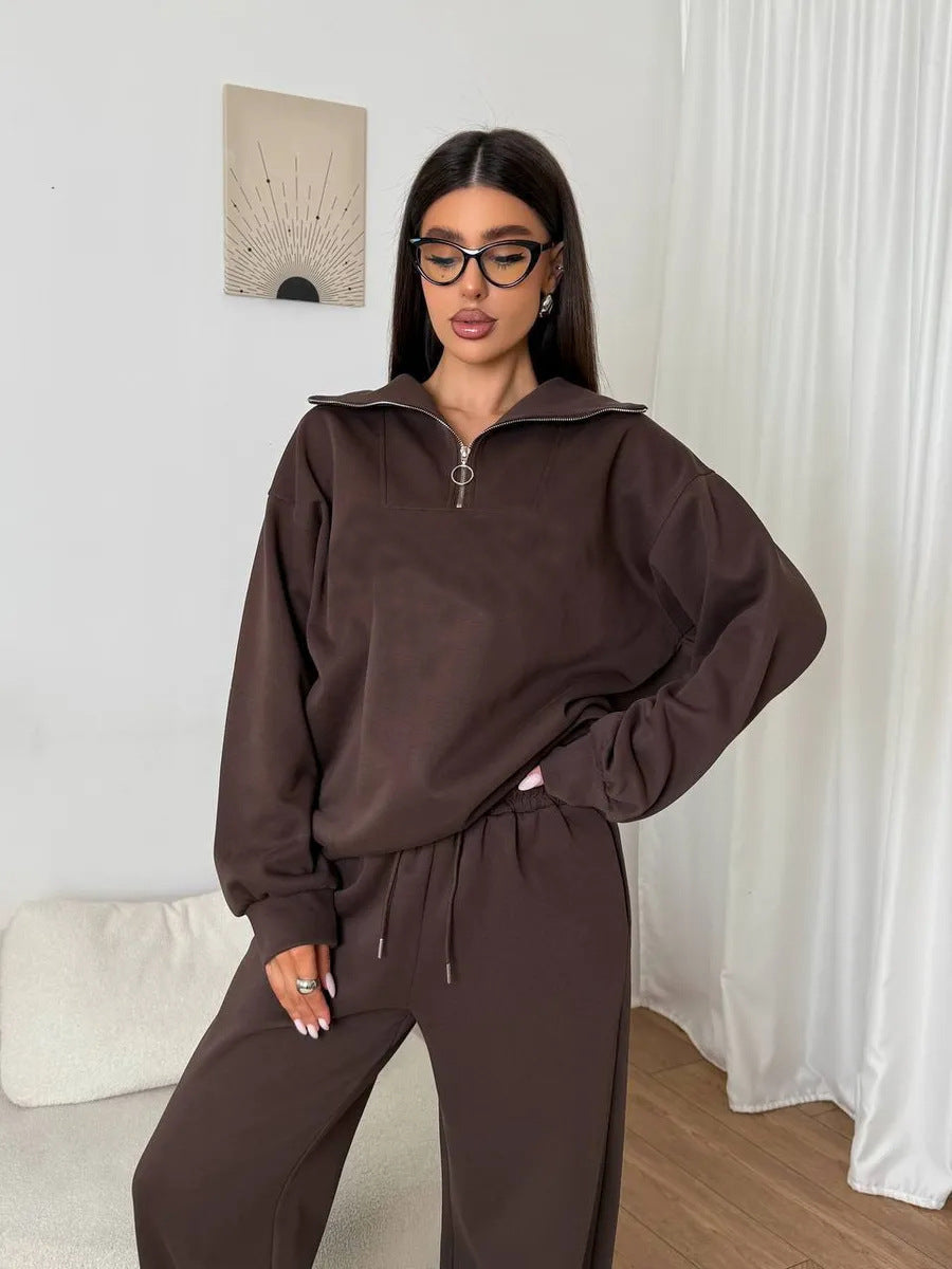 Women's casual sweat set with a half-high zipper collar and wide joggers Mune Fashion