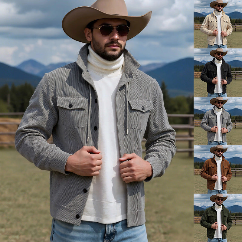 Men's knitted corduroy overshirt jacket with hood, breast pockets and continuous button placket Mune Fashion