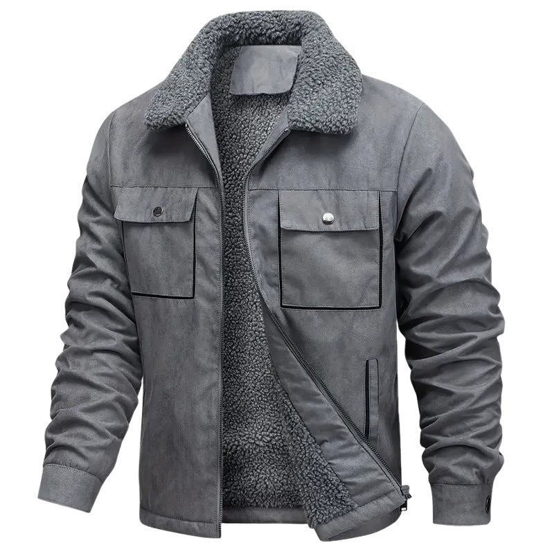 Men's sherpa-lined worker jacket in suede look with flap chest pockets and zip.