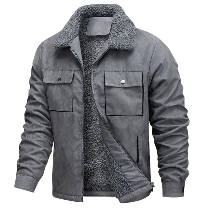 Men's sherpa-lined worker jacket in suede look with flap chest pockets and zip.